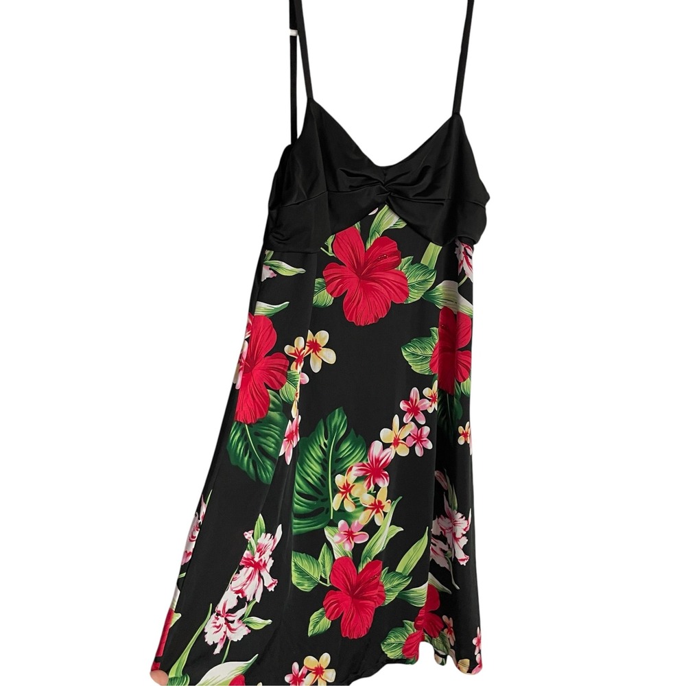 Paradise Eve Womens Floral Dress Size L Black Tropical Hibiscus Mini Strappy